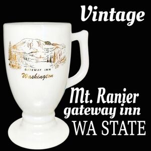 Vintage Mt.Ranier gateway inn Washington milk glass & gold pedestal mug